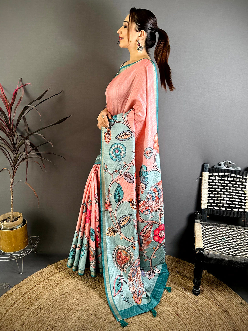 Radiant Tussar Ghicha Kalamkari Saree