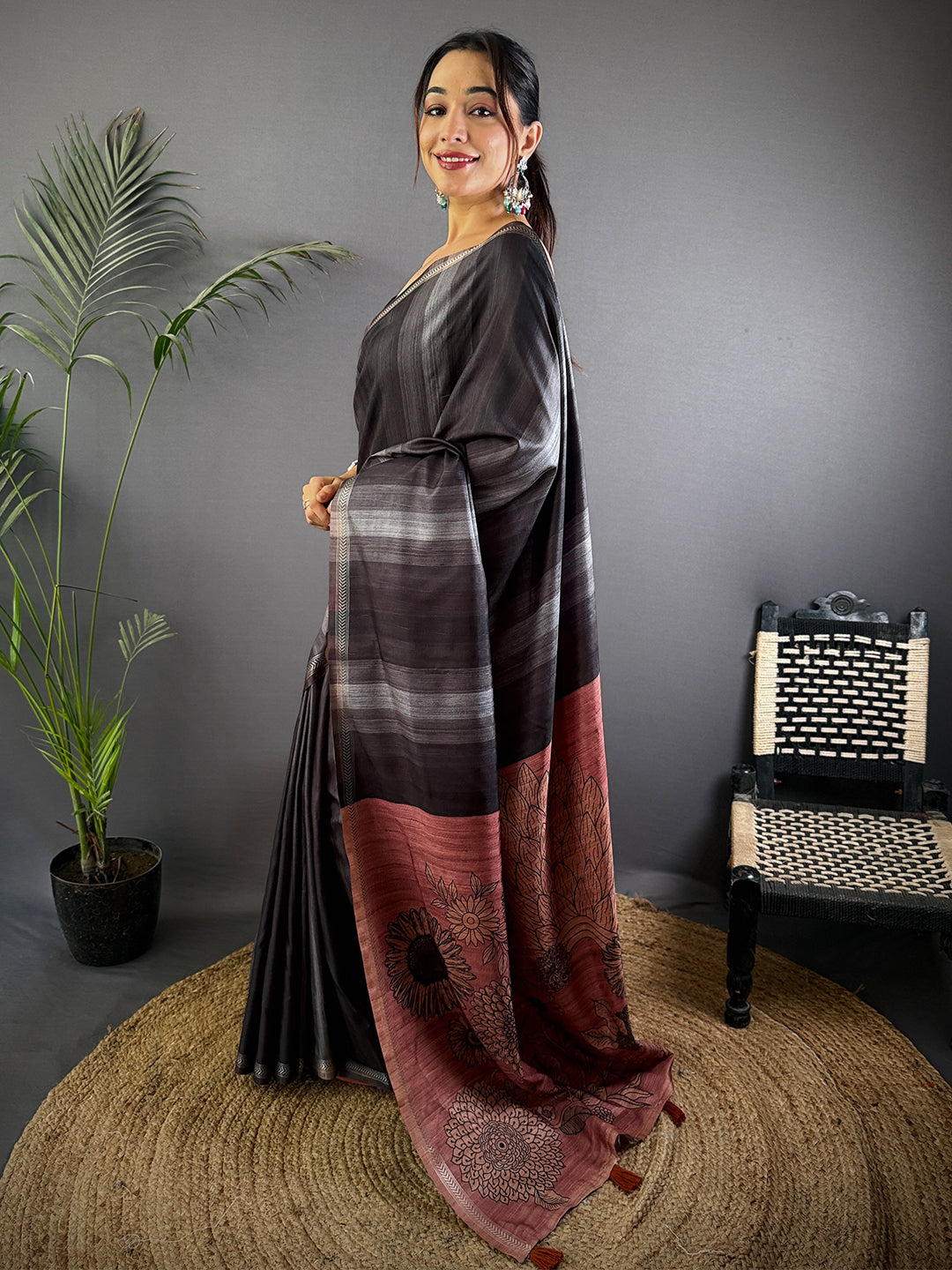 Black Striped Tussar Ghicha Silk Saree