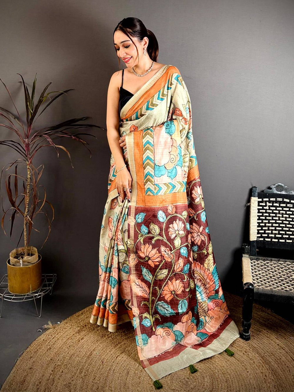 Royal Pen Kalamkari Ghicha Tussar Saree