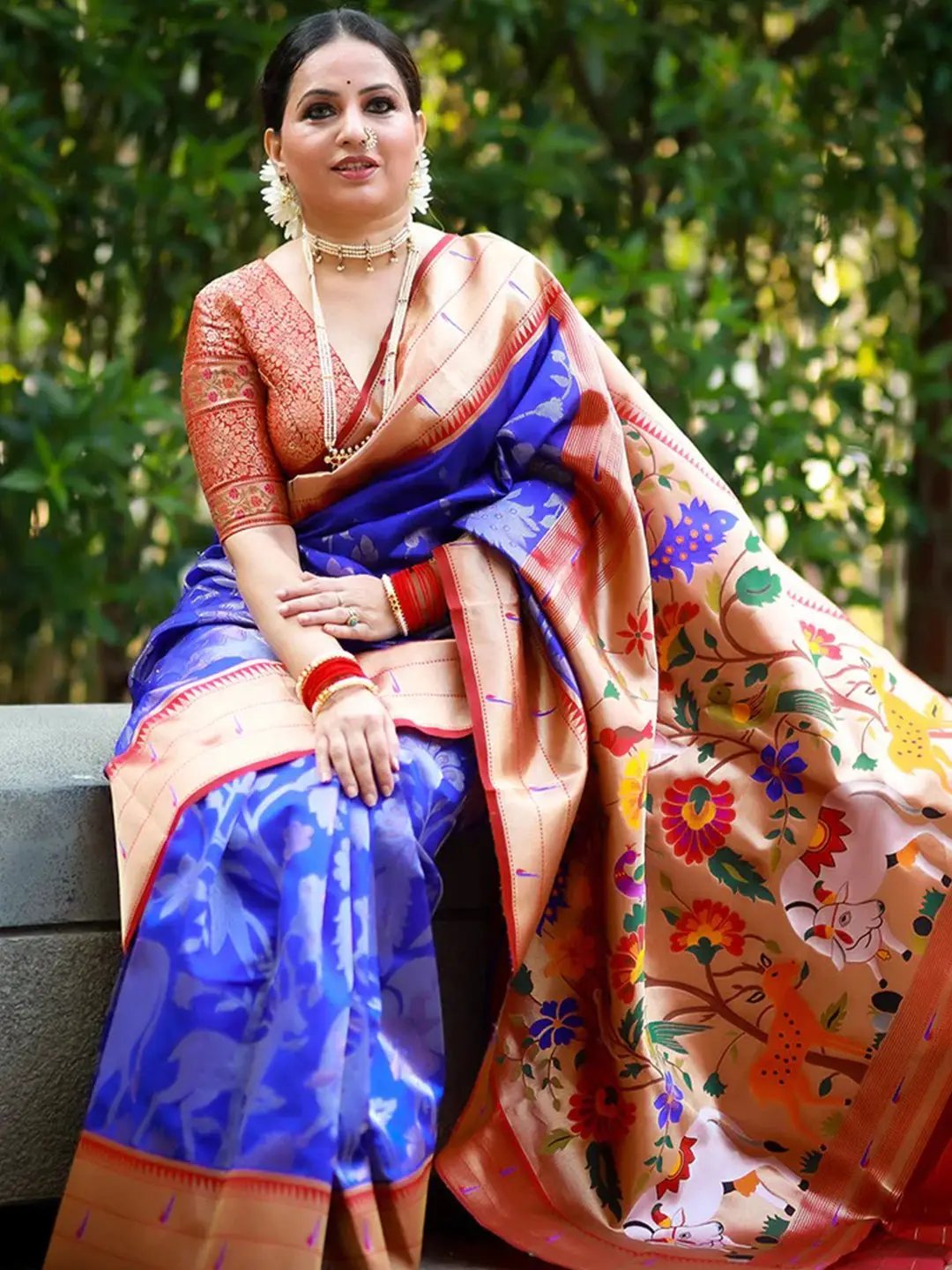 Sangeeta Renuke in royal blue Paithani saree with meenakari pallu