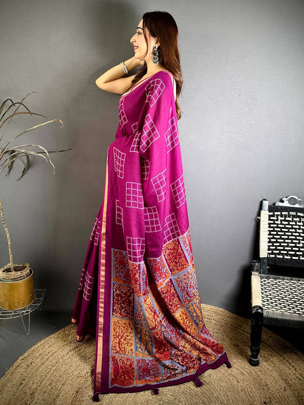 Wine Mul Cotton Kalamkari Print Pallu Saree