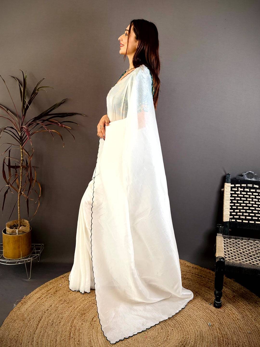 White Bariq Cutwork Crash Silk Saree