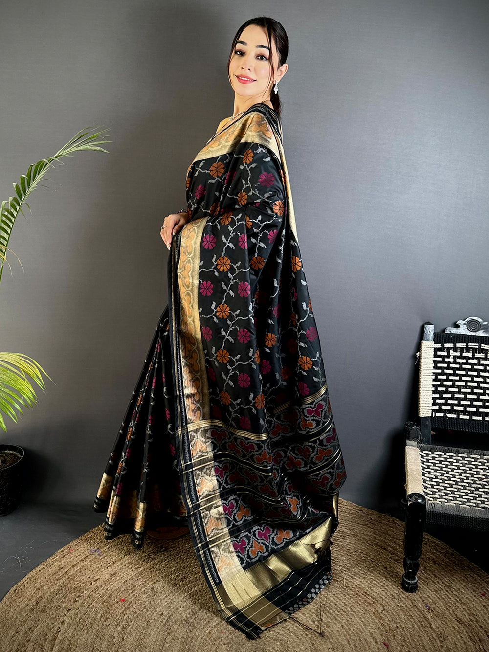 Black Pochampally Double Ikkat Saree