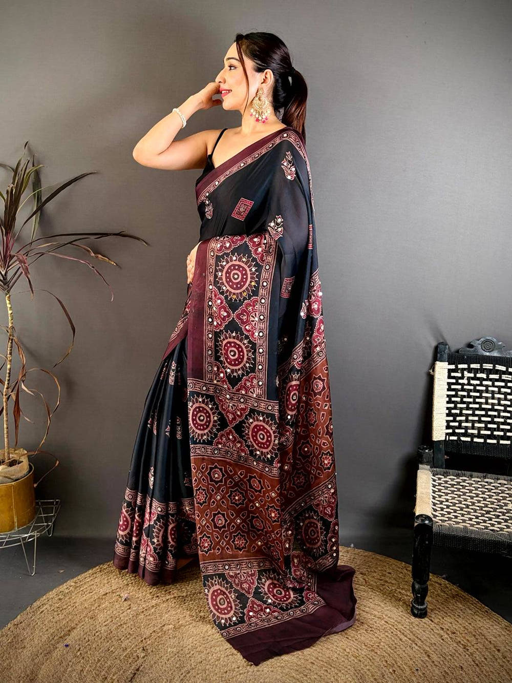 Stylish Ajrakh Print Mirror Work Saree