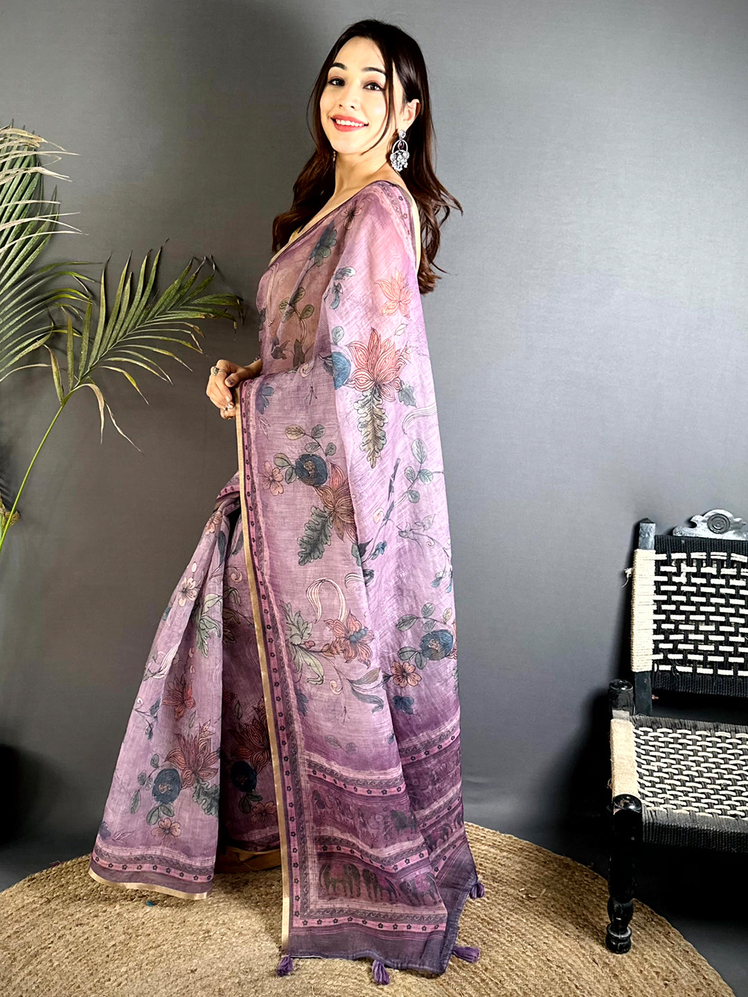 Artistic Dark Floral Linen Saree