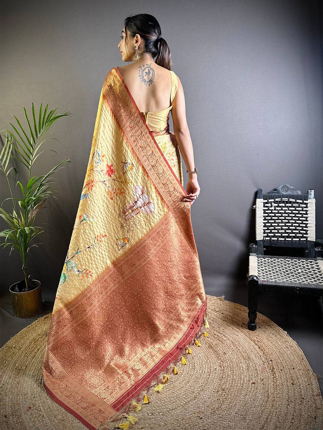 Yellow Chex Radiance Banarasi Silk Saree

