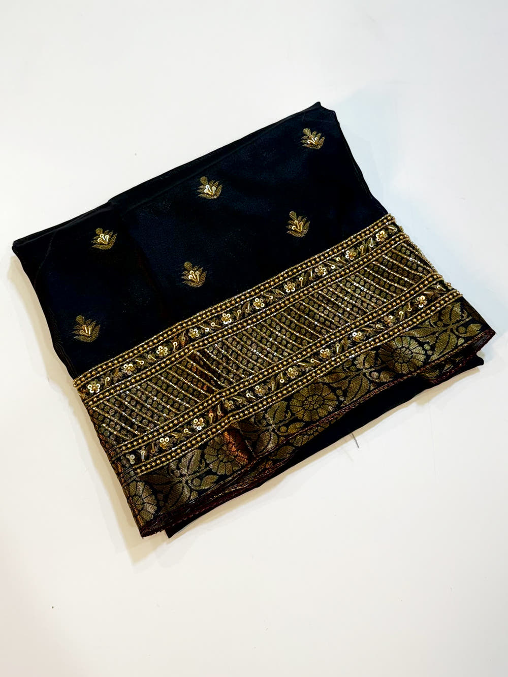 Black Soft Silk Saree With Zari Chex Border With Maggam Blouse