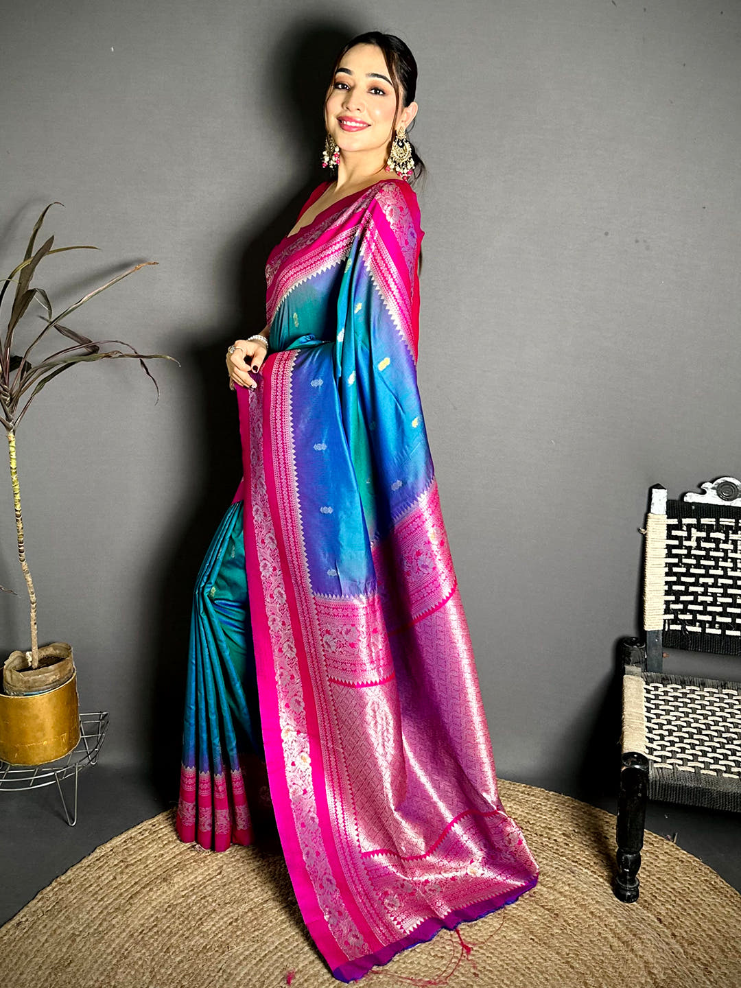 Gold Zari Woven Teal Soft Silk Saree