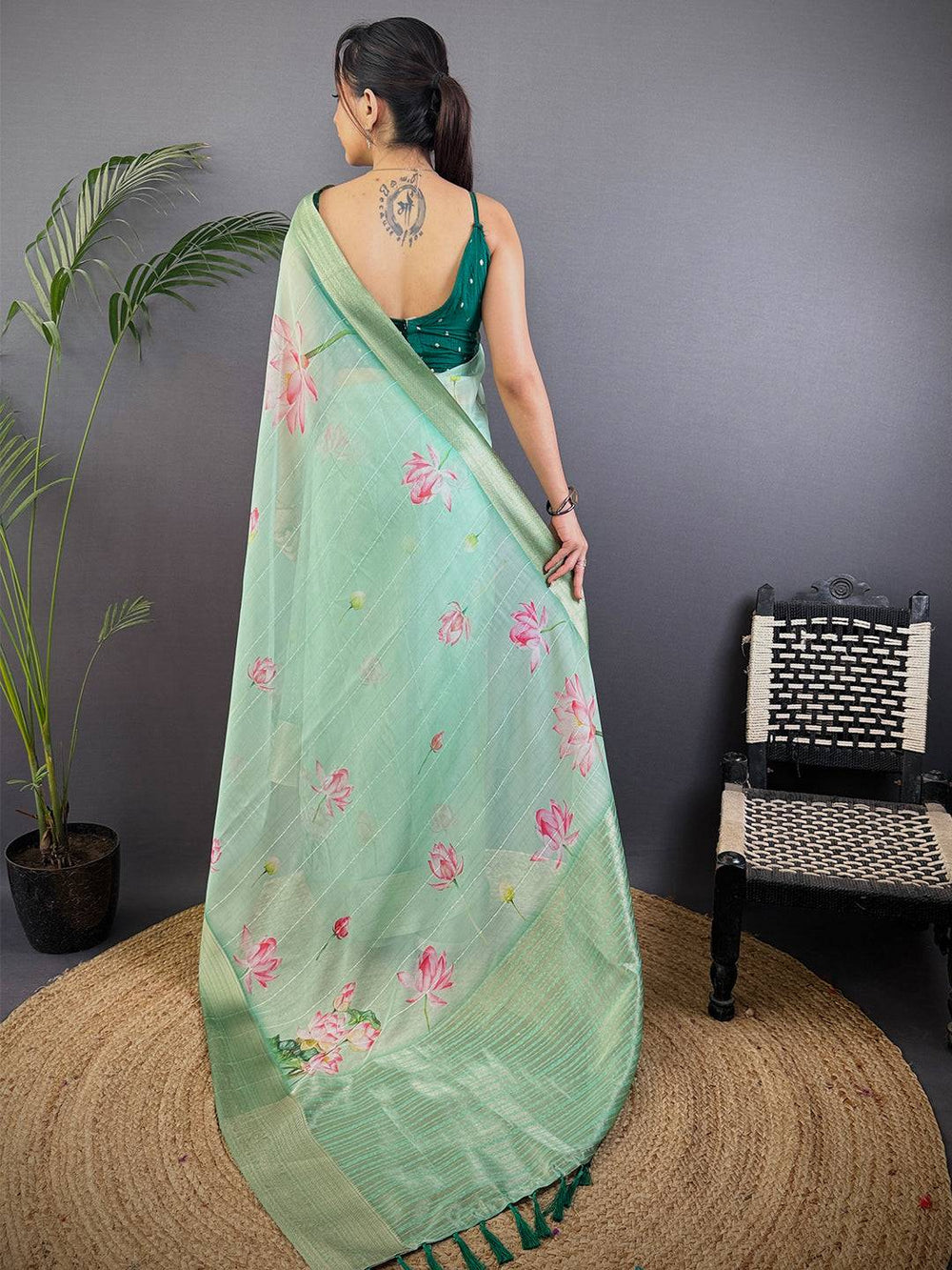 Mint Green Soft Organza Digital Print Saree