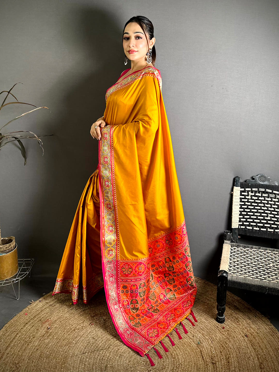 Yellow Soft Silk Pochampally Ikkat Minakari Saree