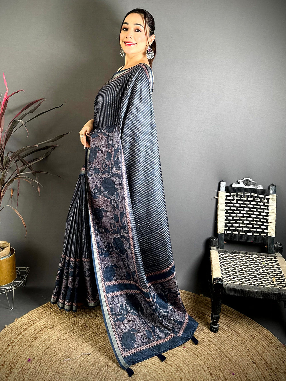 Indigo Blue Digital Katha Work Saree