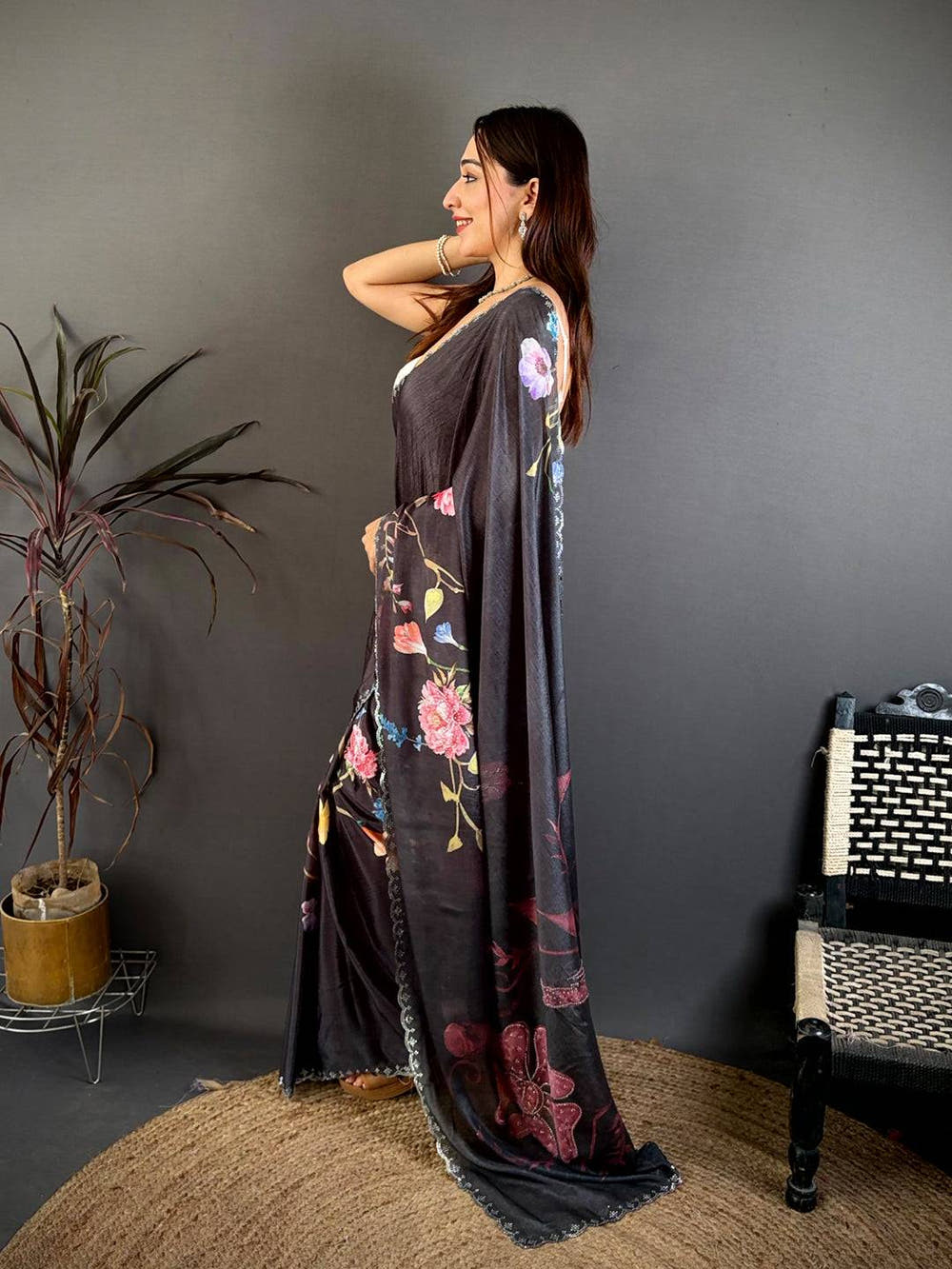 Stylish Diamond Stone Work Chinon Saree


