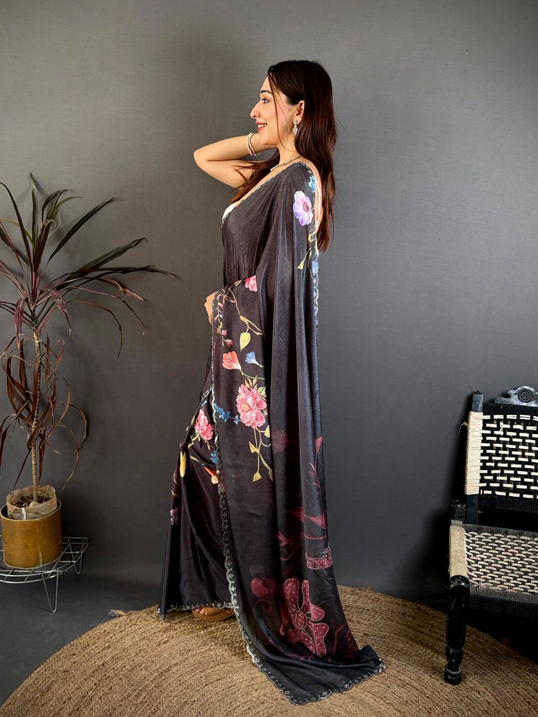 Stylish Diamond Stone Work Chinon Saree

