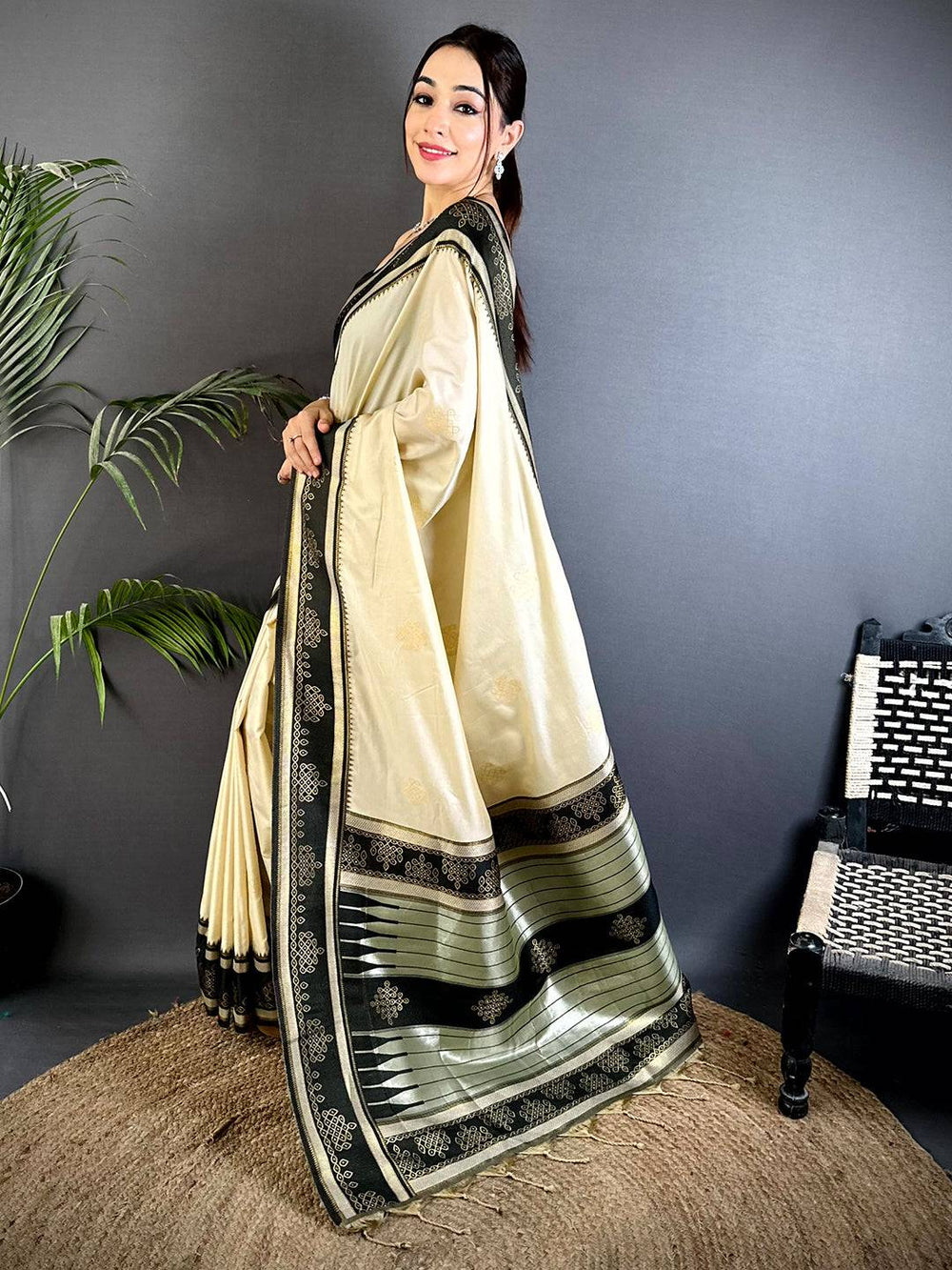 Cream Soft Silk Ikkat Kolam Saree