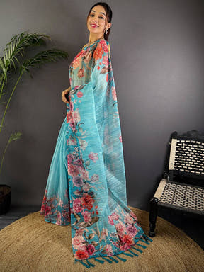 Sky Blue Soft Organza Digital Floral Saree