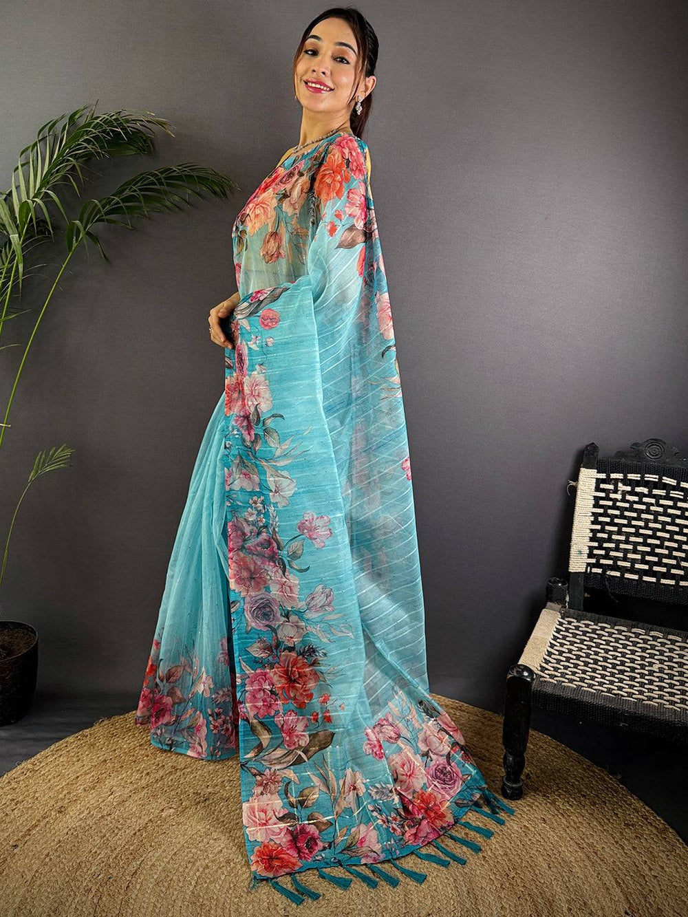 Sky Blue Soft Organza Digital Floral Saree