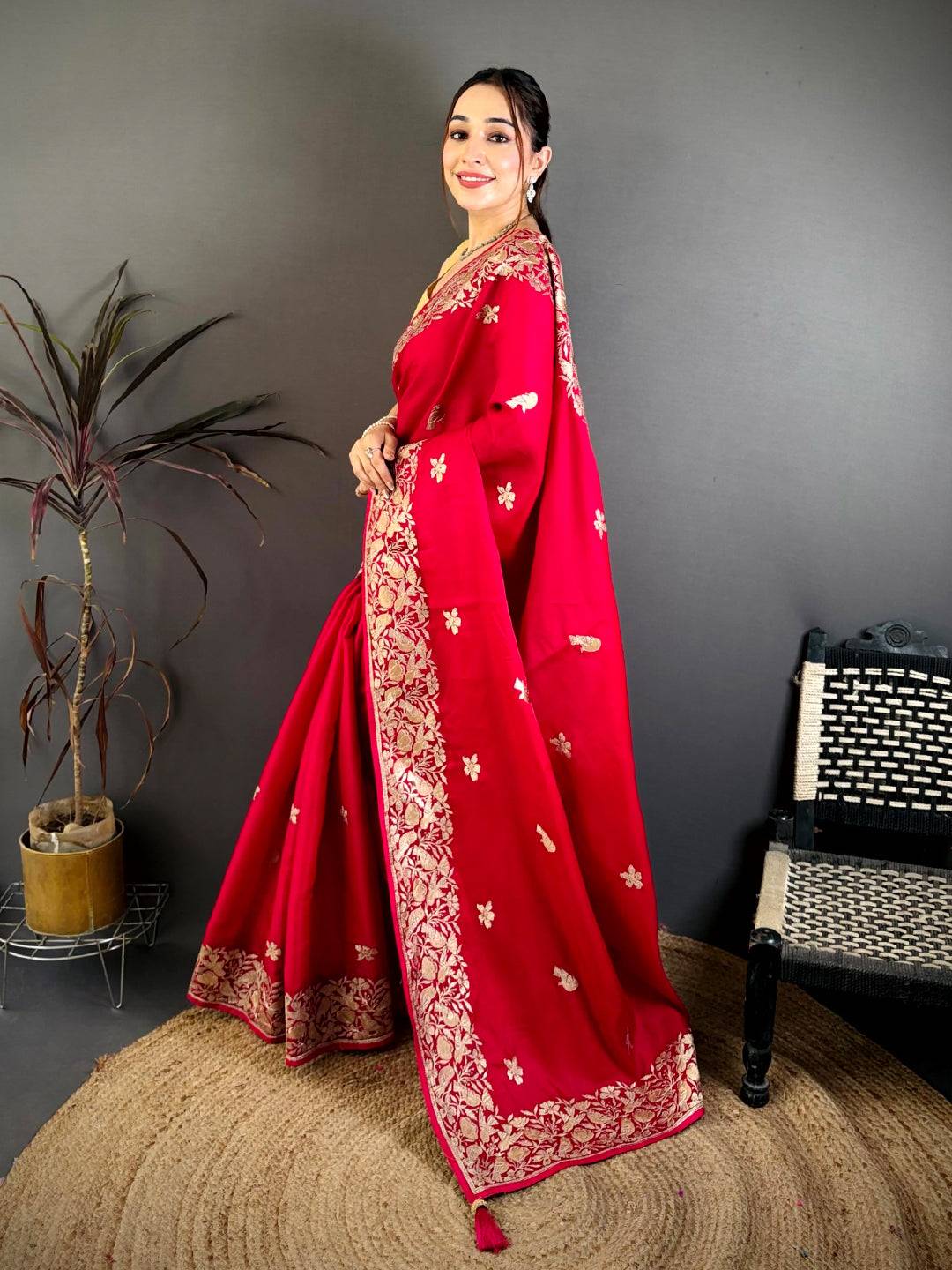 Pink Aari Bird Work Soft Satin Saree