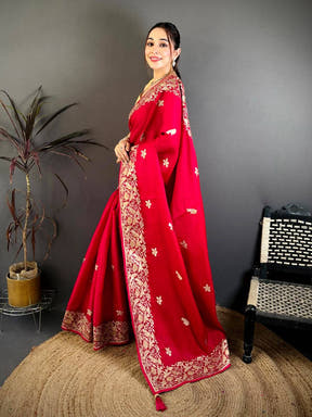 Pink Aari Bird Work Soft Satin Saree
