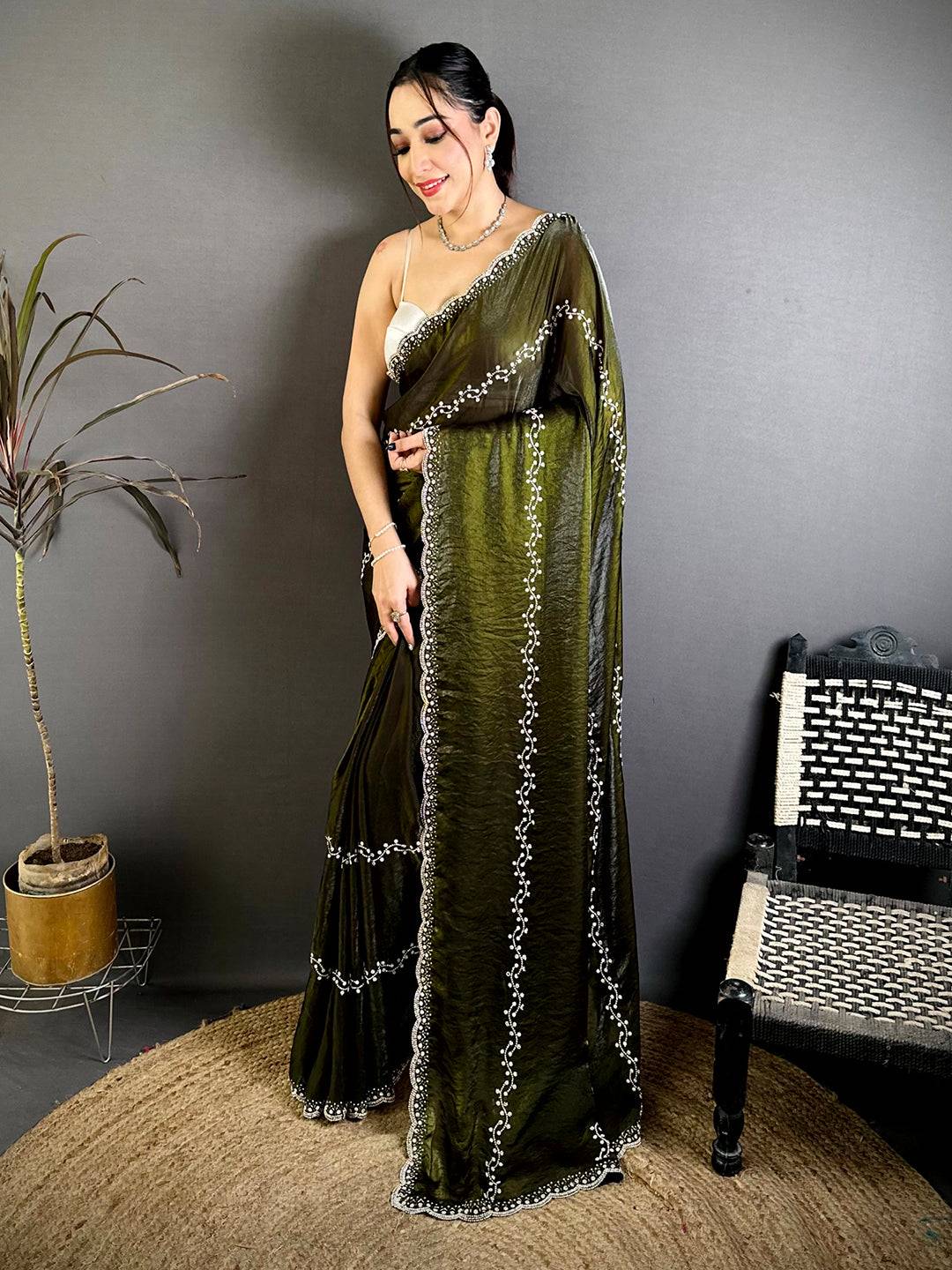 Classic Heavy Pearl Work Satin Zari Saree