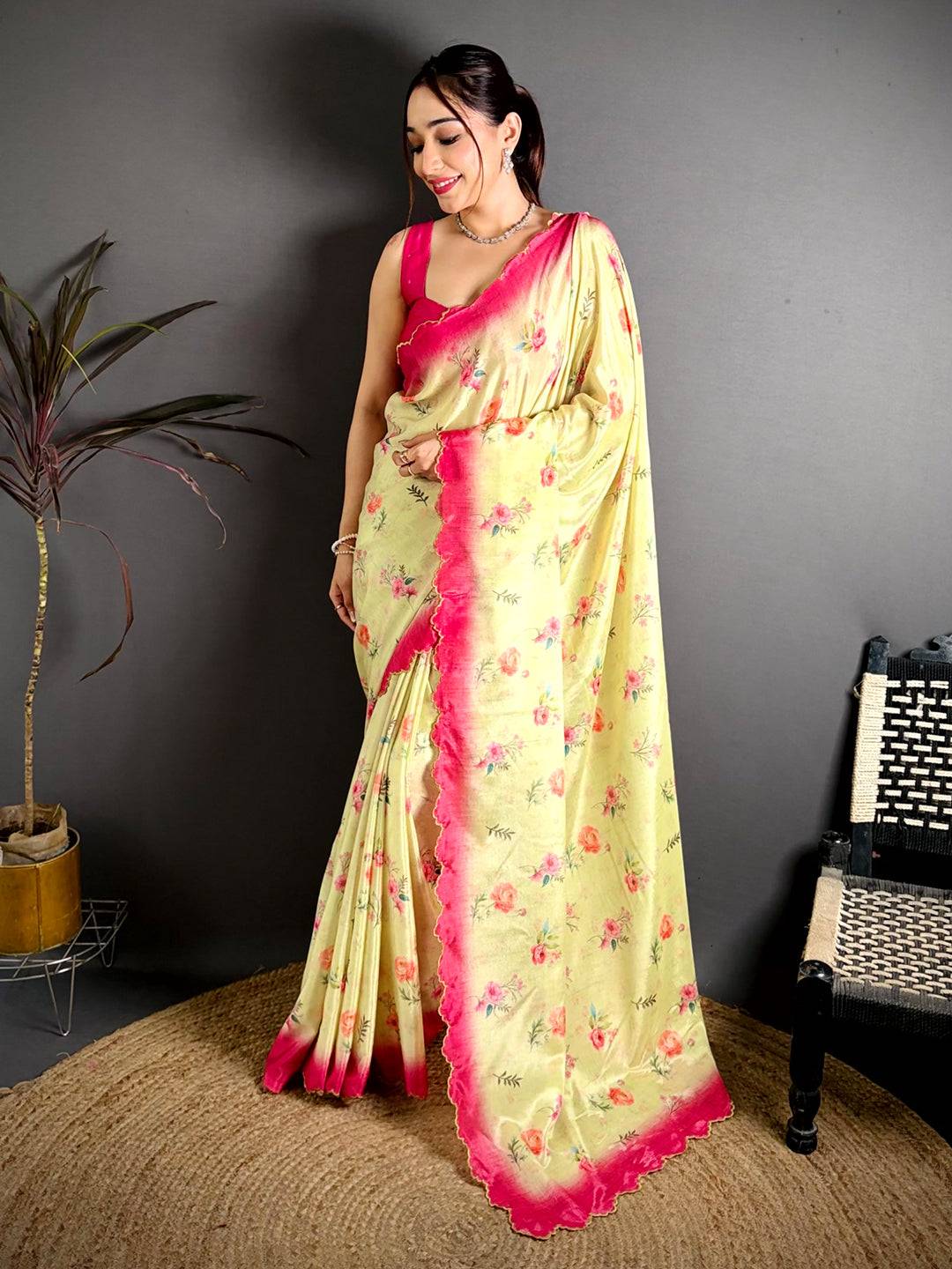 Yellow Chinnon Embroidered Border Saree

