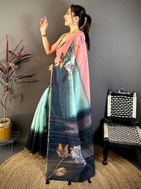 Elegant Floral Linen Chanderi Saree