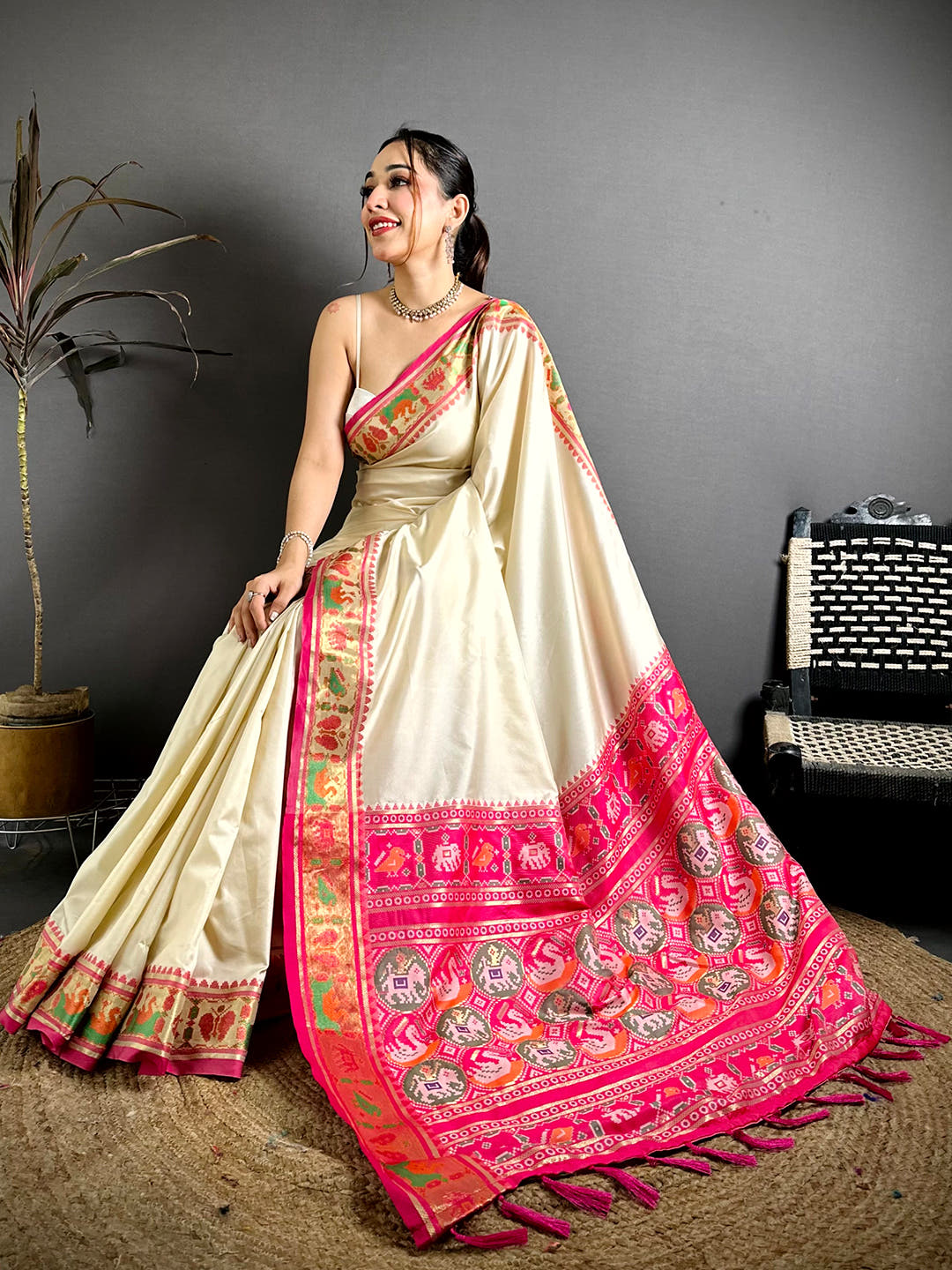 White Soft Silk Pochampally Ikkat Minakari Saree