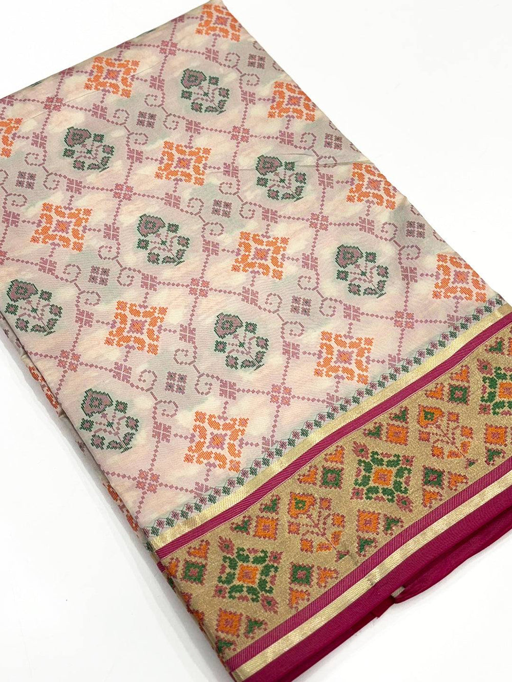 White Pochampally Patola Soft Silk Saree
