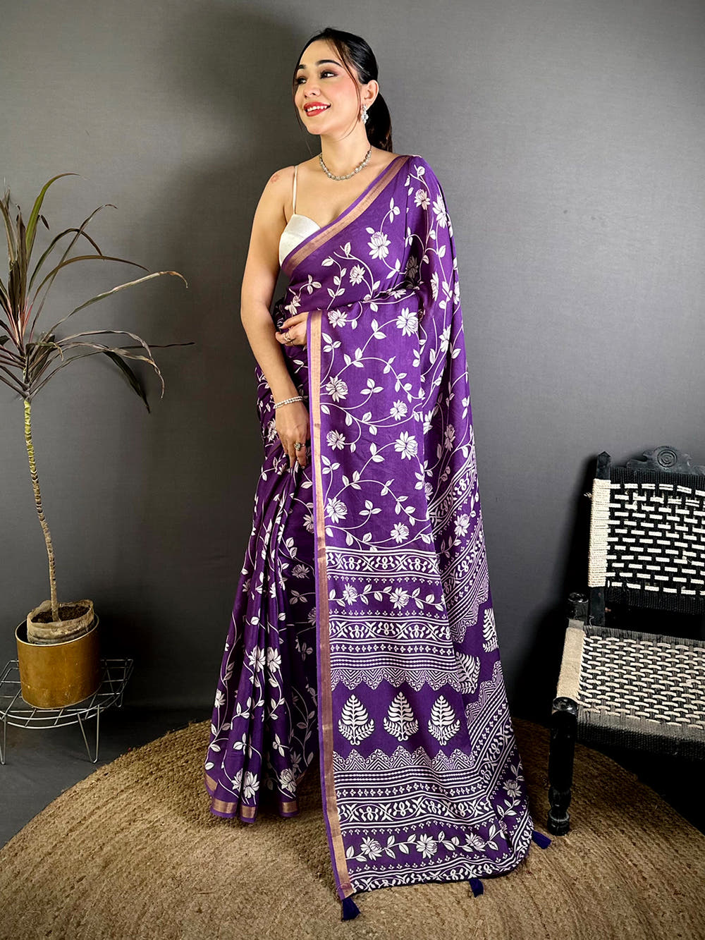 Purple Leaf Printed Mul Cotton Saree