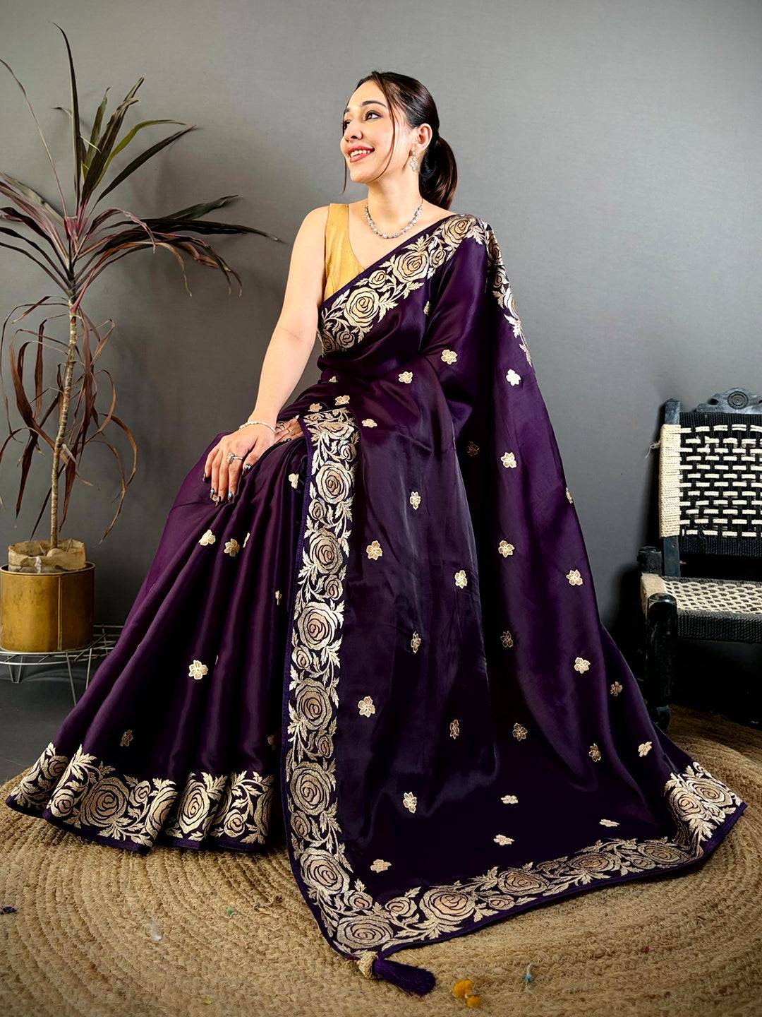 Magenta Aari Jhalar Tussar Satin Saree