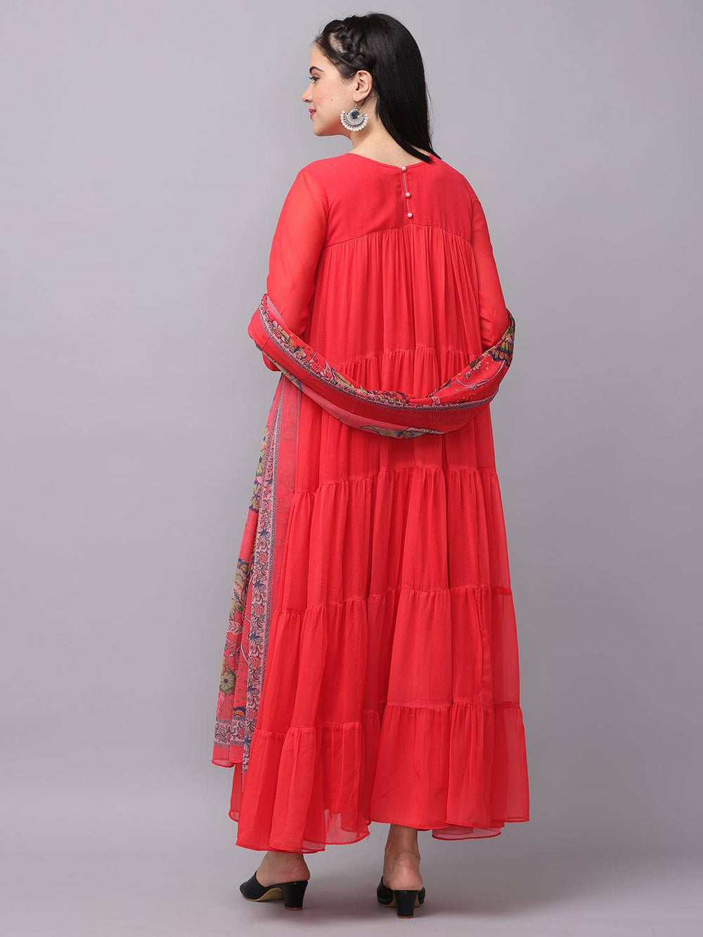 Fiery Red Churidar Sleeves Dress back view