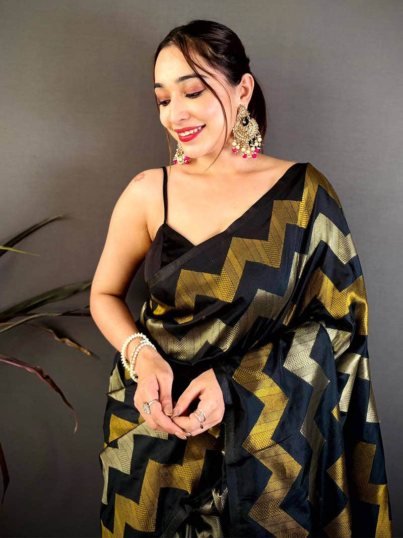 Black Soft Silk Geometric Zigzag Zari Saree