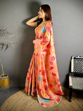 Tussar Floral Print Cutwork Border Saree