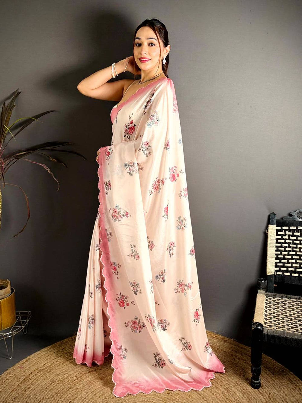 Cream Chinnon Embroidered Border Saree
