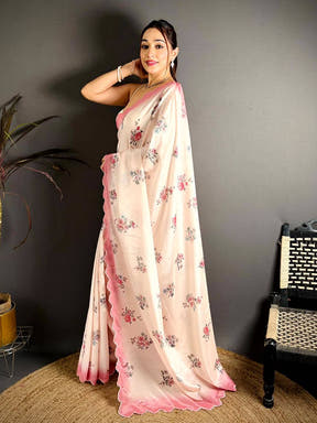 Cream Chinnon Embroidered Border Saree