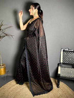 Black Soft Tissue Resham Polka Dot Saree