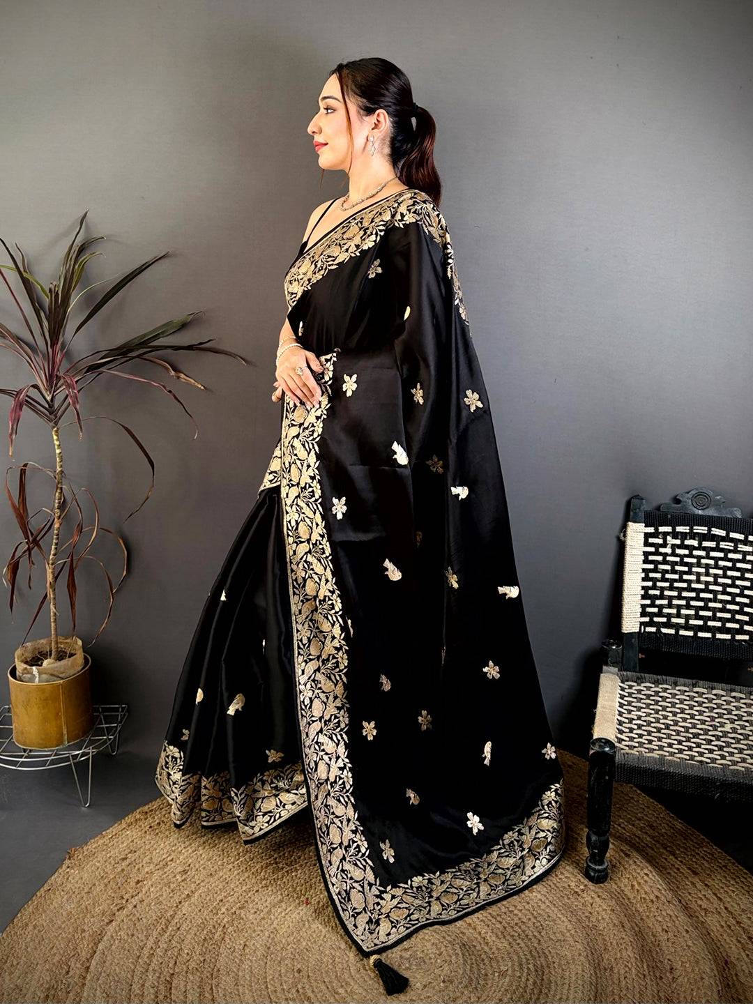 Black Aari Bird Work Soft Satin Saree