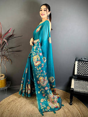 Teal Peacock Kalamkari Kota Saree