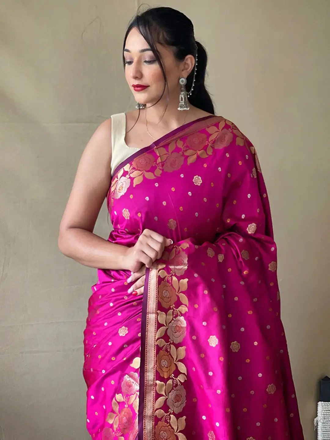 Elegant pink Banarasi silk saree with zari woven design