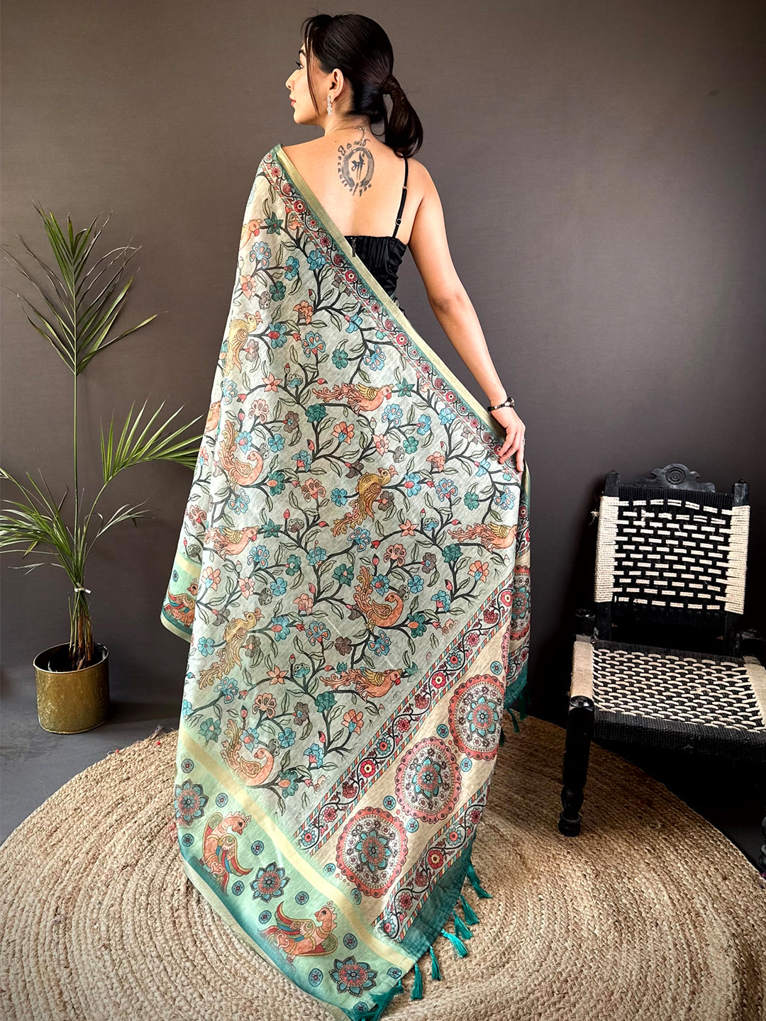 Pista Floral Kalamkari Chanderi Cotton Saree