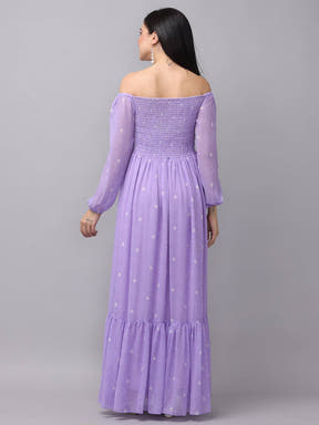 Lilac polka dot smocked maxi dress back view
