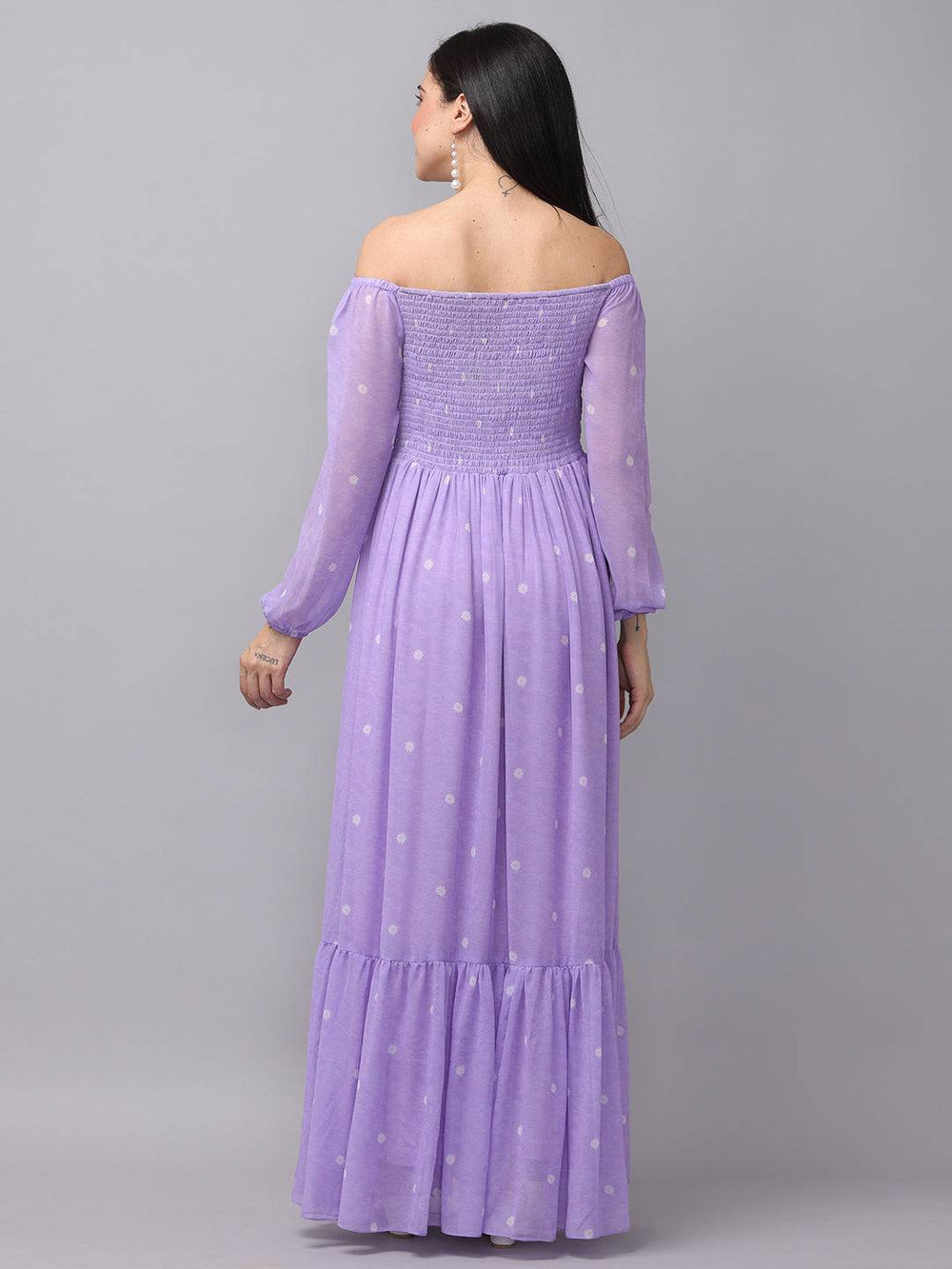 Lilac polka dot smocked maxi dress back view