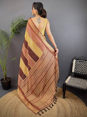 Brown Soft Dola Bandhej Print Saree