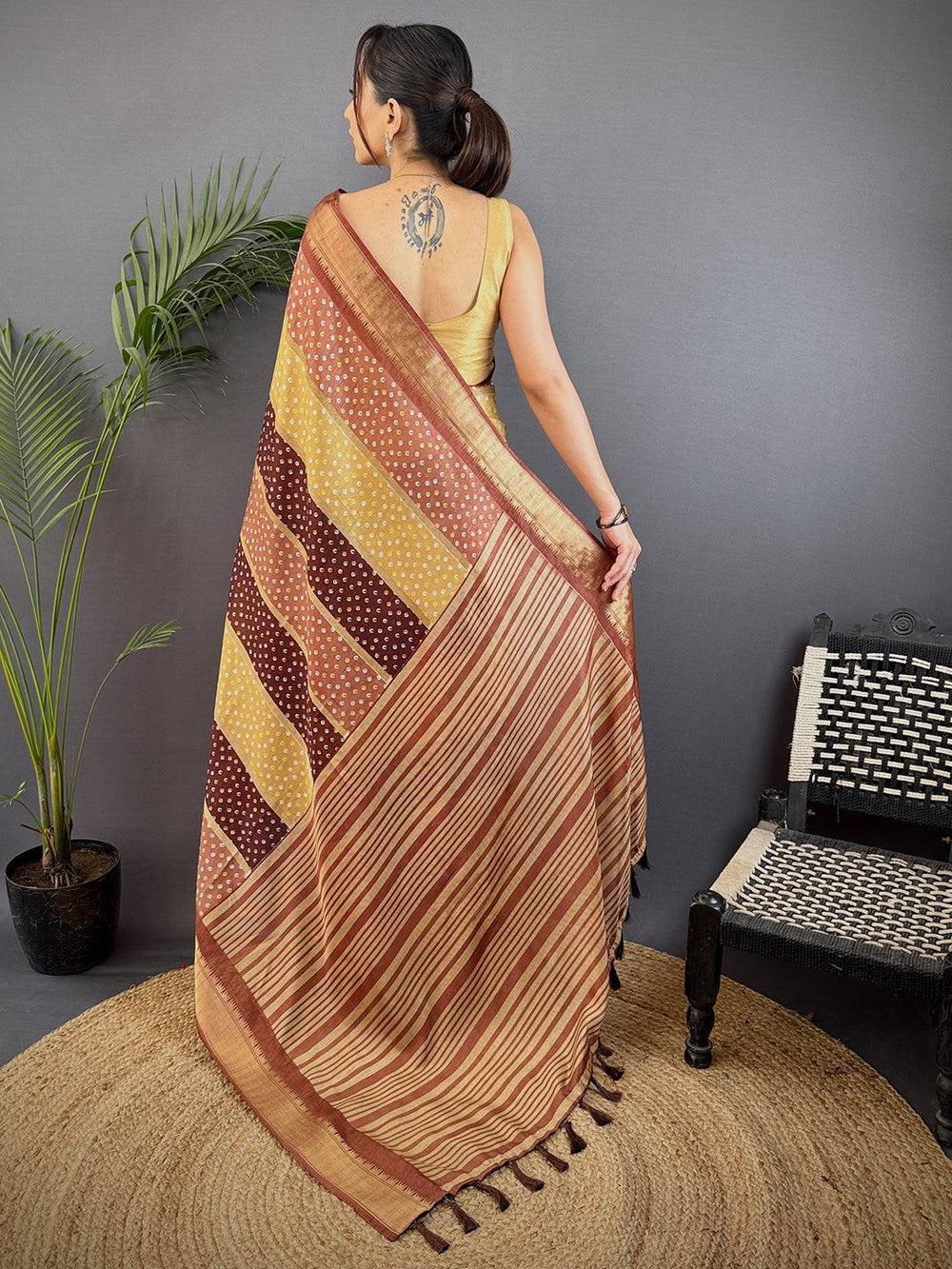 Brown Soft Dola Bandhej Print Saree