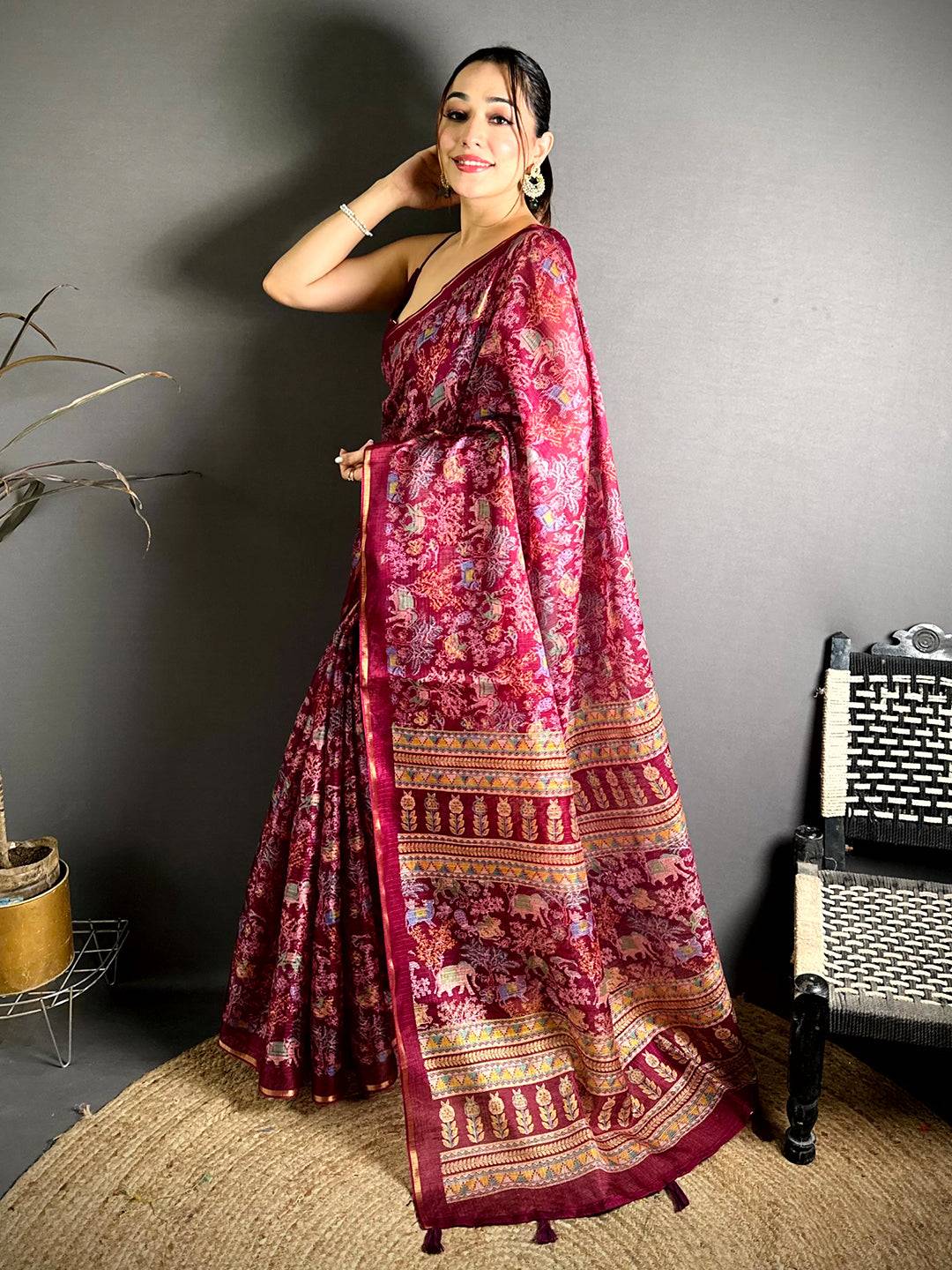 Wine Kota Doriya Kalamkari Print Saree