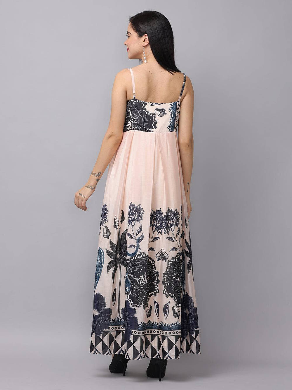 Back view of ivory cream floral print sweetheart dress