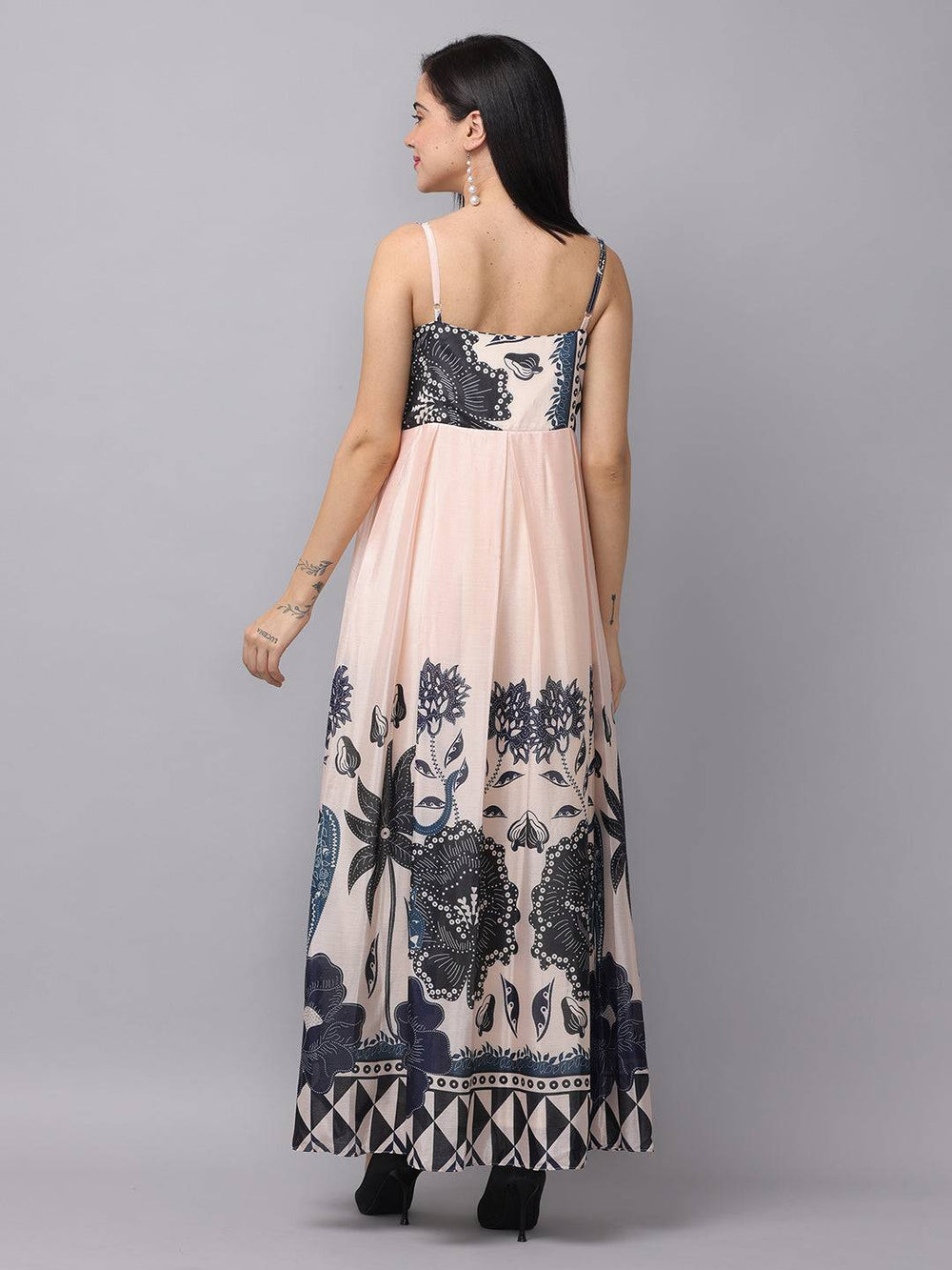 Back view of ivory cream floral print sweetheart dress