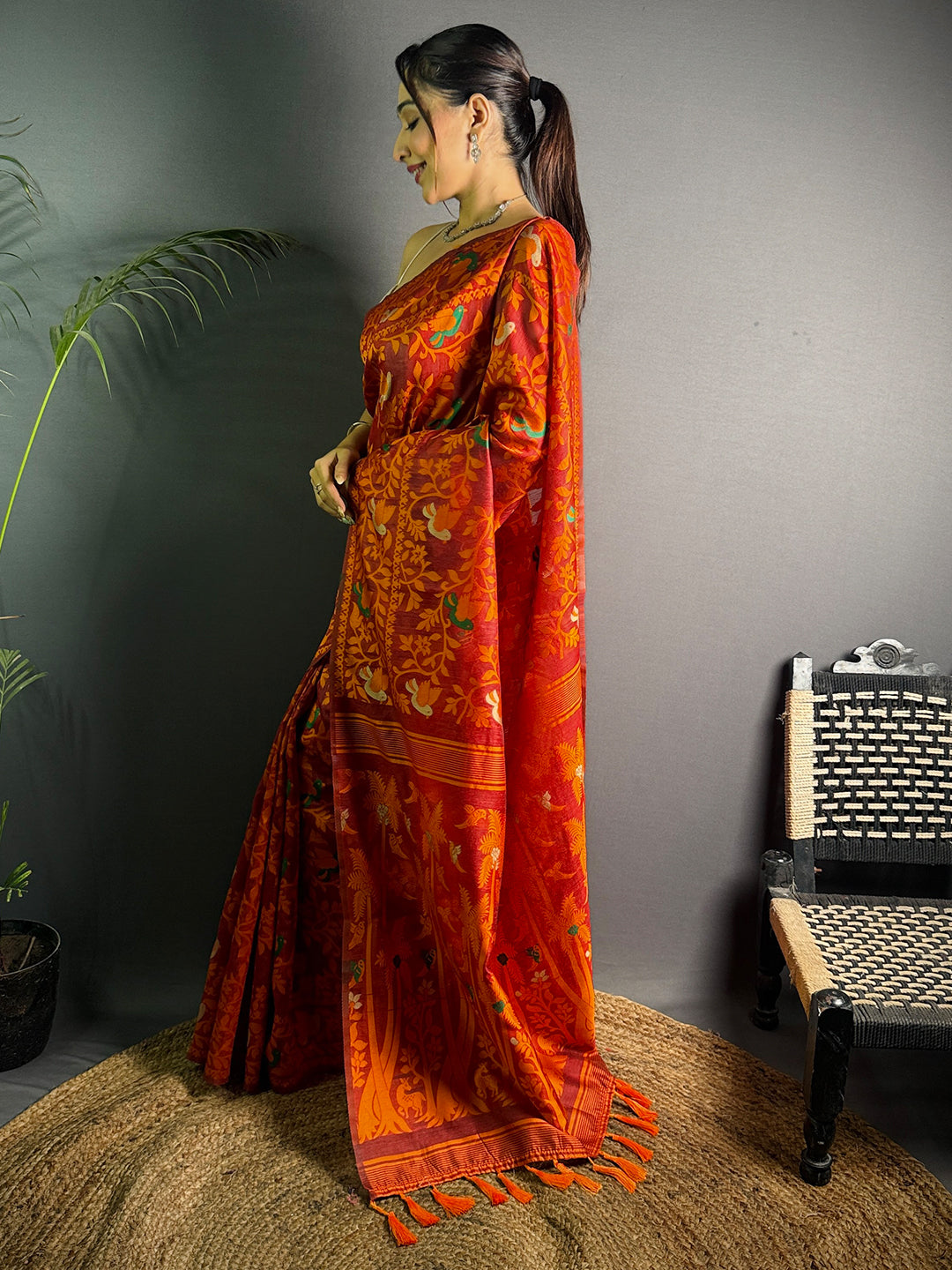 Maroon Colour Dhakai Jamdani Light Weight Cotton Silk Saree