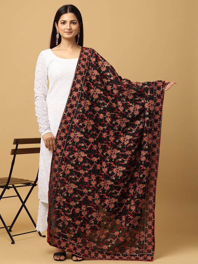 Black Multicolour Floral Jaal Pashmina Dupatta