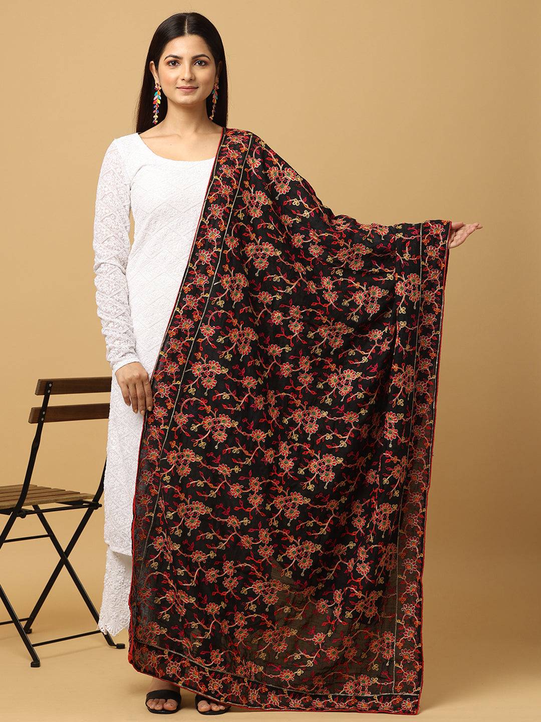 Black chiffon dupatta with red and gold threadwork, draped on model.