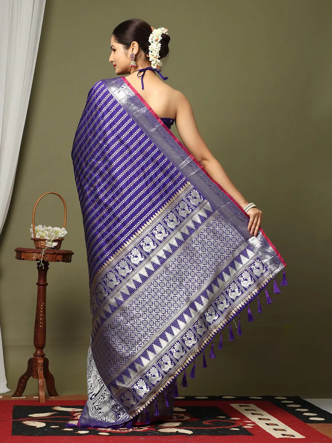 Striped Woven Design Zari Silk Blend Banarasi Saree